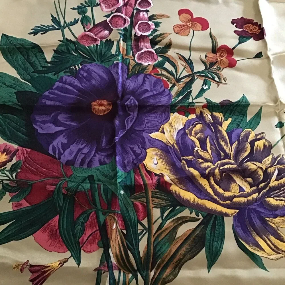 Vintage Perry Ellis Silk Scarf Floral Bouquet Tan Purple Red Square Neck Scarf